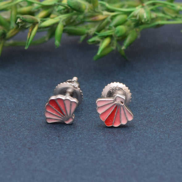 925 Sterling Silver Pink Sea Shell Cute Enamel Tiny Screw Back Stud Earrings For Children's Jewelry