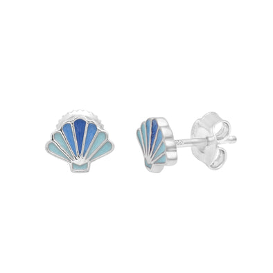 925 Sterling Silver Blue Sea Shell Cute Enamel Tiny Butterfly Back Stud Earrings For Children's Jewelry