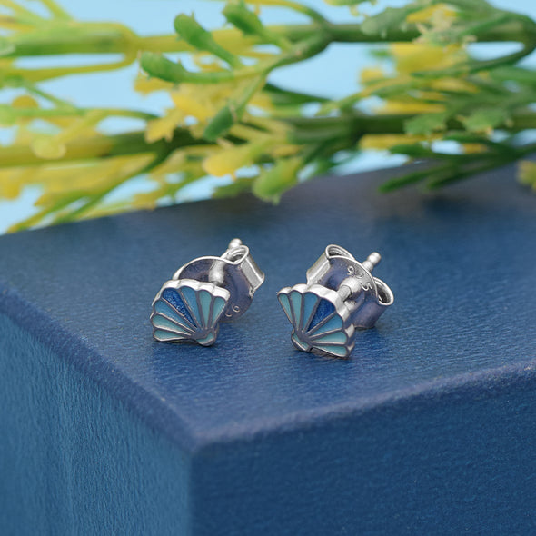 925 Sterling Silver Blue Sea Shell Cute Enamel Tiny Butterfly Back Stud Earrings For Children's Jewelry