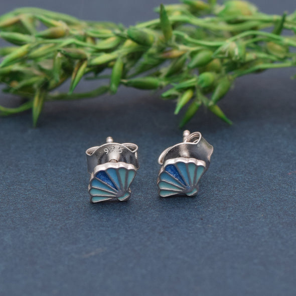 925 Sterling Silver Blue Sea Shell Cute Enamel Tiny Butterfly Back Stud Earrings For Children's Jewelry