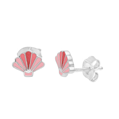 925 Sterling Silver Pink Sea Shell Cute Enamel Tiny Butterfly Back Stud Earrings For Kids Jewelry