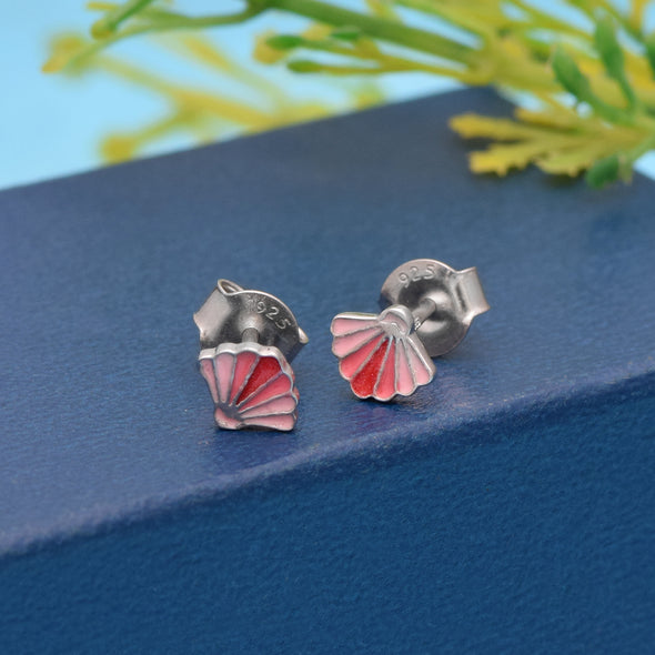 925 Sterling Silver Pink Sea Shell Cute Enamel Tiny Butterfly Back Stud Earrings For Kids Jewelry