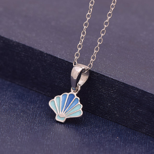 925 Sterling Silver Blue Sea Shell Cute Enamel Necklace For Kids Children's Jewelry