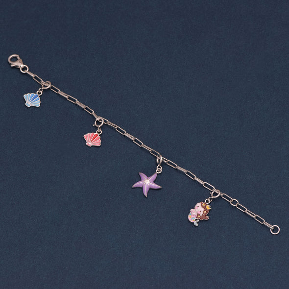 925 Sterling Silver Delicate Silver Cute Mermaid Princess With Star fish Blue Pink Shell Charm Bracelet For Kids Jewelry