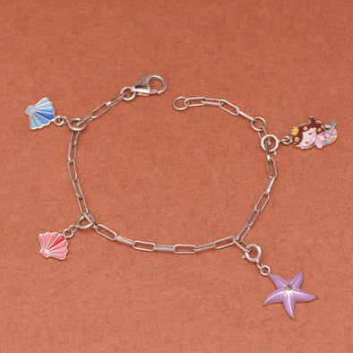 925 Sterling Silver Delicate Silver Cute Mermaid Princess With Star fish Blue Pink Shell Charm Bracelet For Kids Jewelry