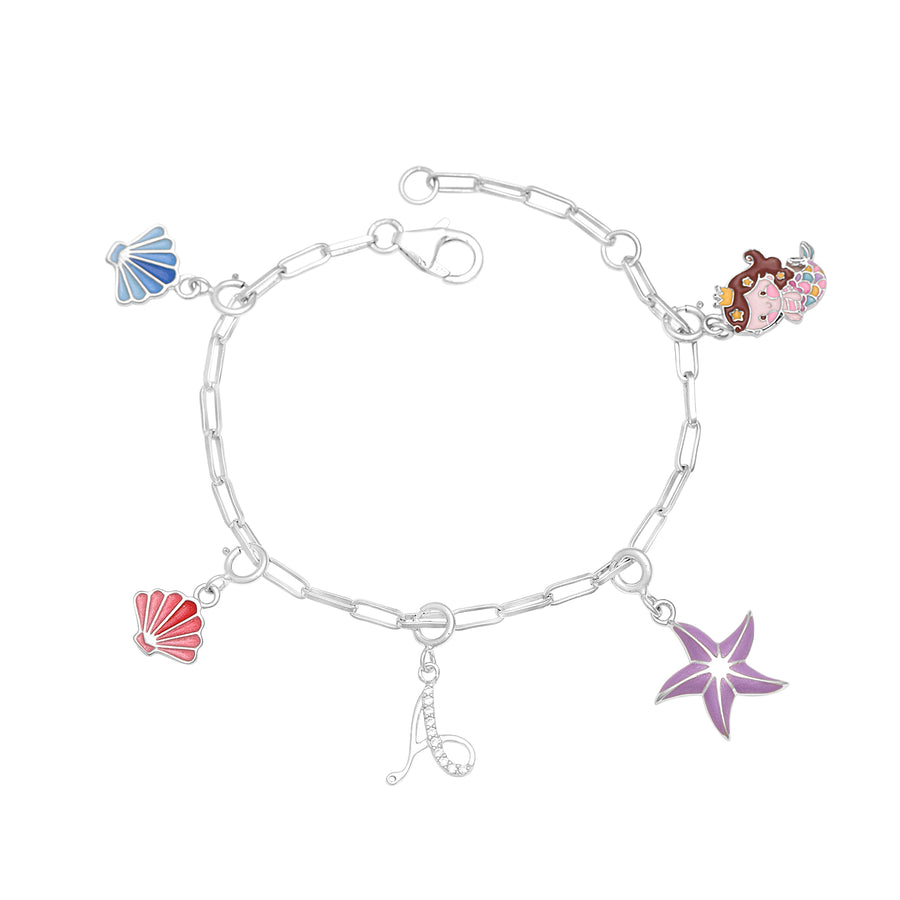 Mermaid Charm Bracelet with Initial "A" – Sterling Silver for Kids
