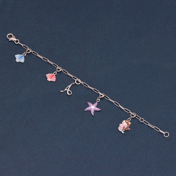 925 Sterling Silver Delicate Silver Cute Mermaid Princess With Star fish Blue Pink Shell Alphabet Charm Bracelet For Kids Jewelry