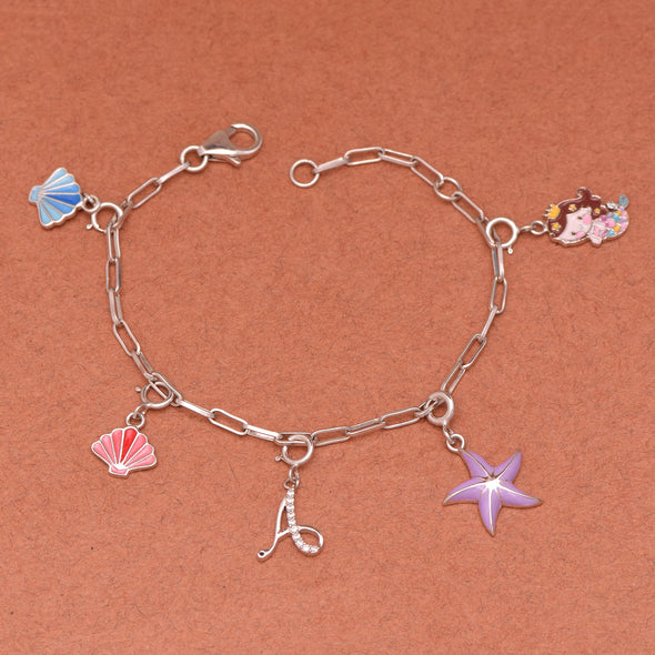 925 Sterling Silver Delicate Silver Cute Mermaid Princess With Star fish Blue Pink Shell Alphabet Charm Bracelet For Kids Jewelry