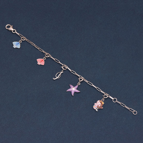 925 Sterling Silver Delicate Silver Cute Mermaid Princess With Star fish Blue Pink Shell Alphabet Charm Bracelet For Kids Jewelry