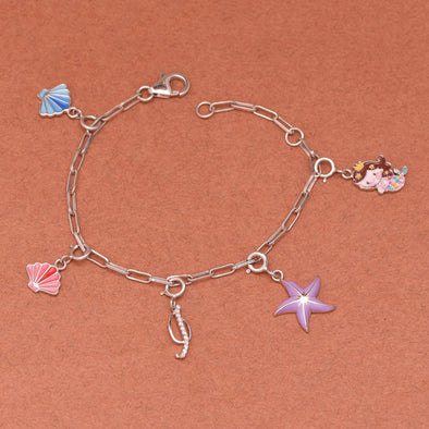 925 Sterling Silver Delicate Silver Cute Mermaid Princess With Star fish Blue Pink Shell Alphabet Charm Bracelet For Kids Jewelry