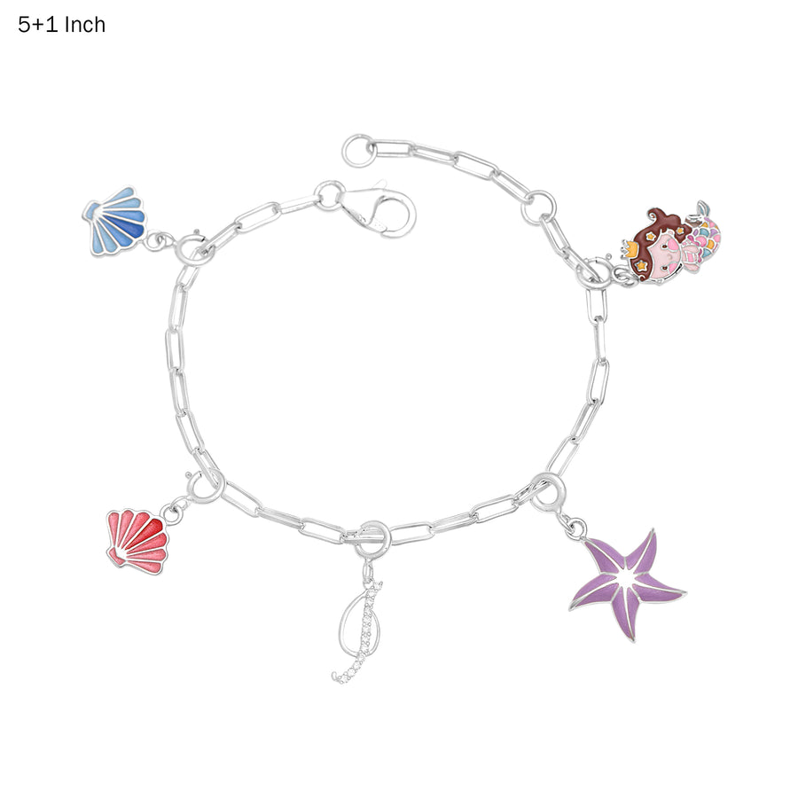 Mermaid Charm Bracelet with Initial "J" – 925 Sterling Silver for Kids