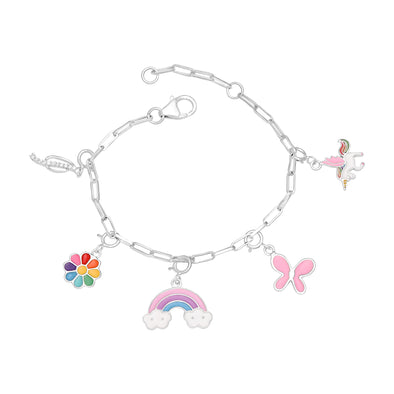 925 Sterling Silver Multi-Charm Chain Bracelet for Multi-Colour Rainbow Flower Unicorn Butterfly Alphabet Charm Bracelet For Kids Jewelry