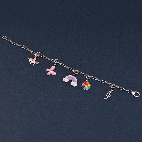 925 Sterling Silver Multi-Charm Chain Bracelet for Multi-Colour Rainbow Flower Unicorn Butterfly Alphabet Charm Bracelet For Kids Jewelry