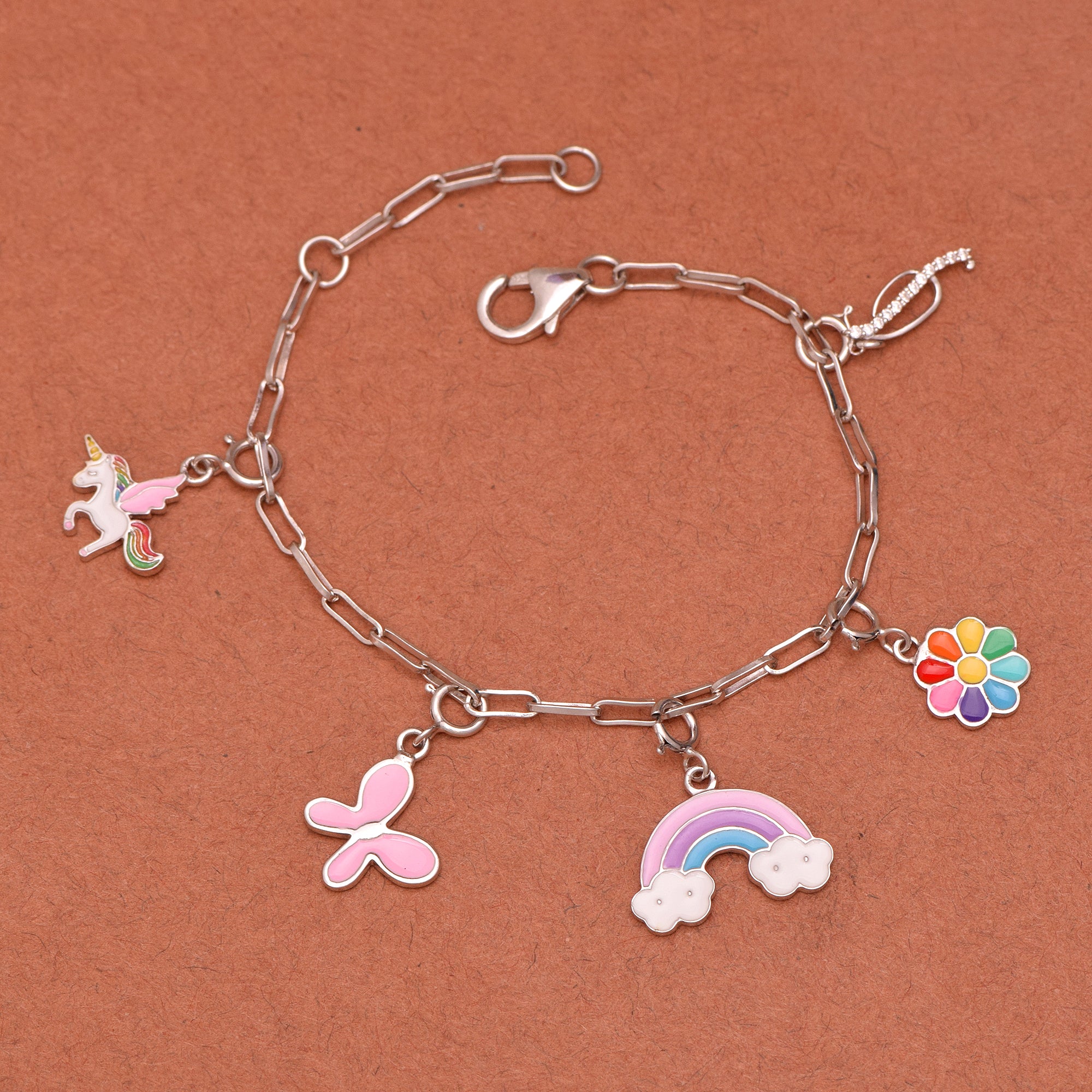 Unicorn & Rainbow Charm Bracelet with Initial "J" – Sterling Silver for Kids