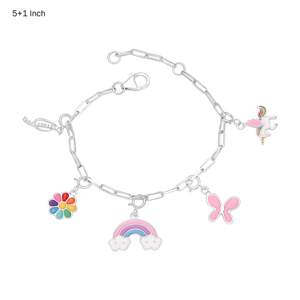 925 Sterling Silver Multi-Charm Chain Bracelet for Multi-Colour Rainbow Flower Unicorn Butterfly Alphabet Charm Bracelet For Kids Jewelry