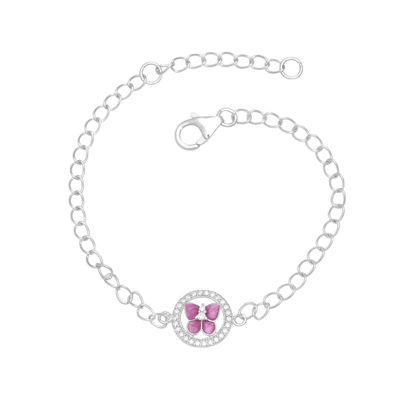 Minimalist Cubic Zirconia Pink Butterfly Round Circle 925 Sterling Silver Adjustable Charm Bracelet For Kids Jewelry