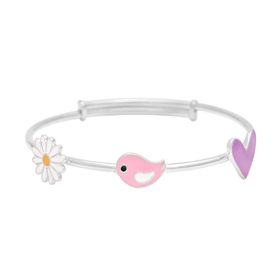 925 Sterling Silver Enamel Flower Cute Birds Pink Heart Adjustable Charm Bracelet For Kids