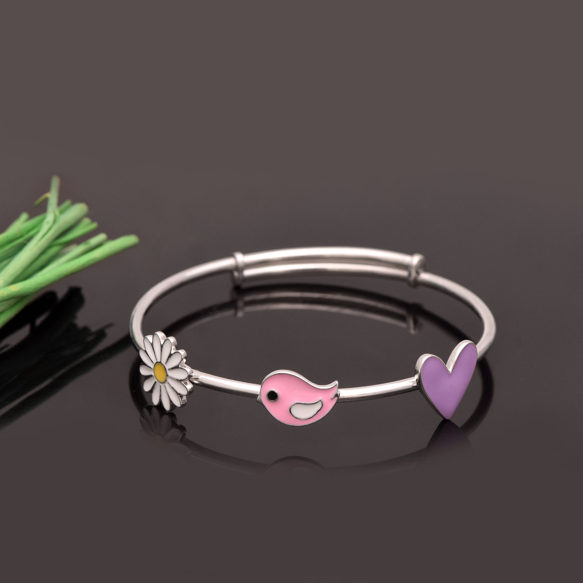 Daisy, Bird & Heart Design Charm Bangle – Sterling Silver