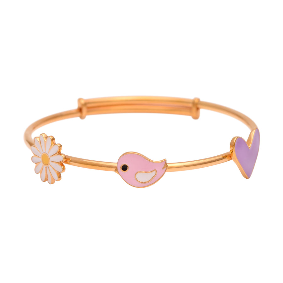 Daisy, Bird & Heart Charm Bangle – Sterling Silver Gold Plated