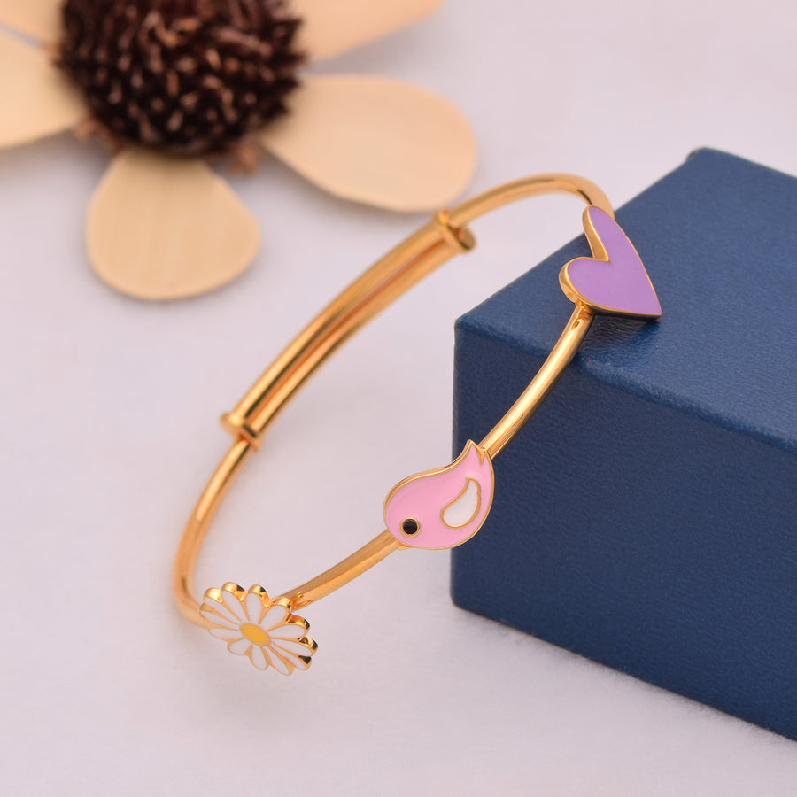 Daisy, Bird & Heart Charm Bangle – Sterling Silver Gold Plated