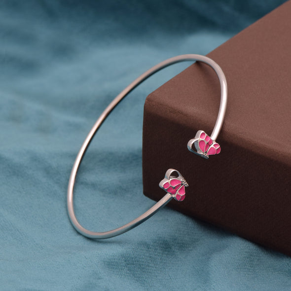 925 Sterling Silver Pink Enamel Butterfly Open Cuff Bracelet For Kids Jewelry