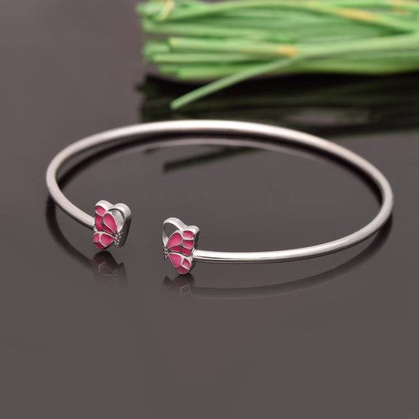 925 Sterling Silver Pink Enamel Butterfly Open Cuff Bracelet For Kids Jewelry