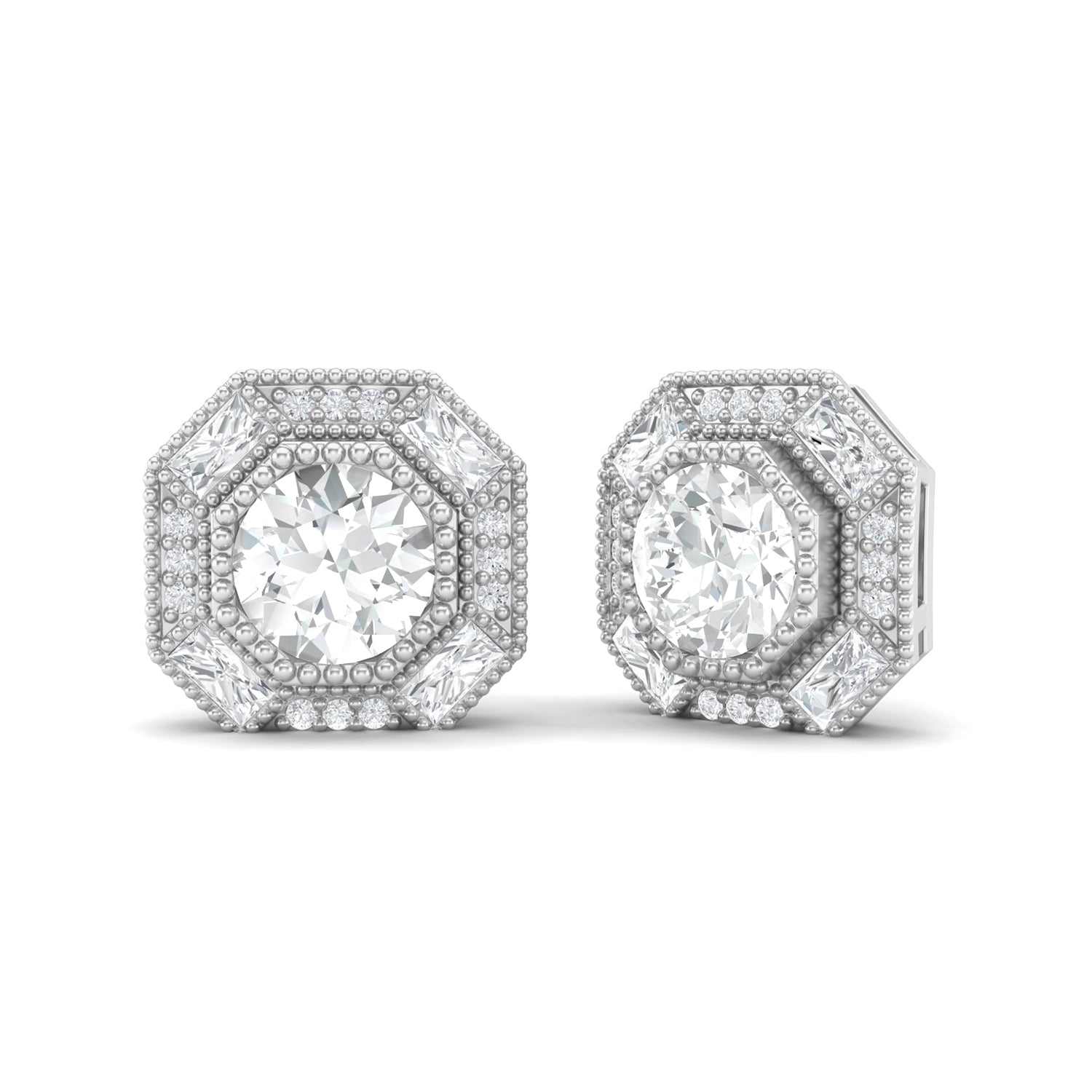 Moissanite Octagon Halo Accents Studs – Sterling Silver
