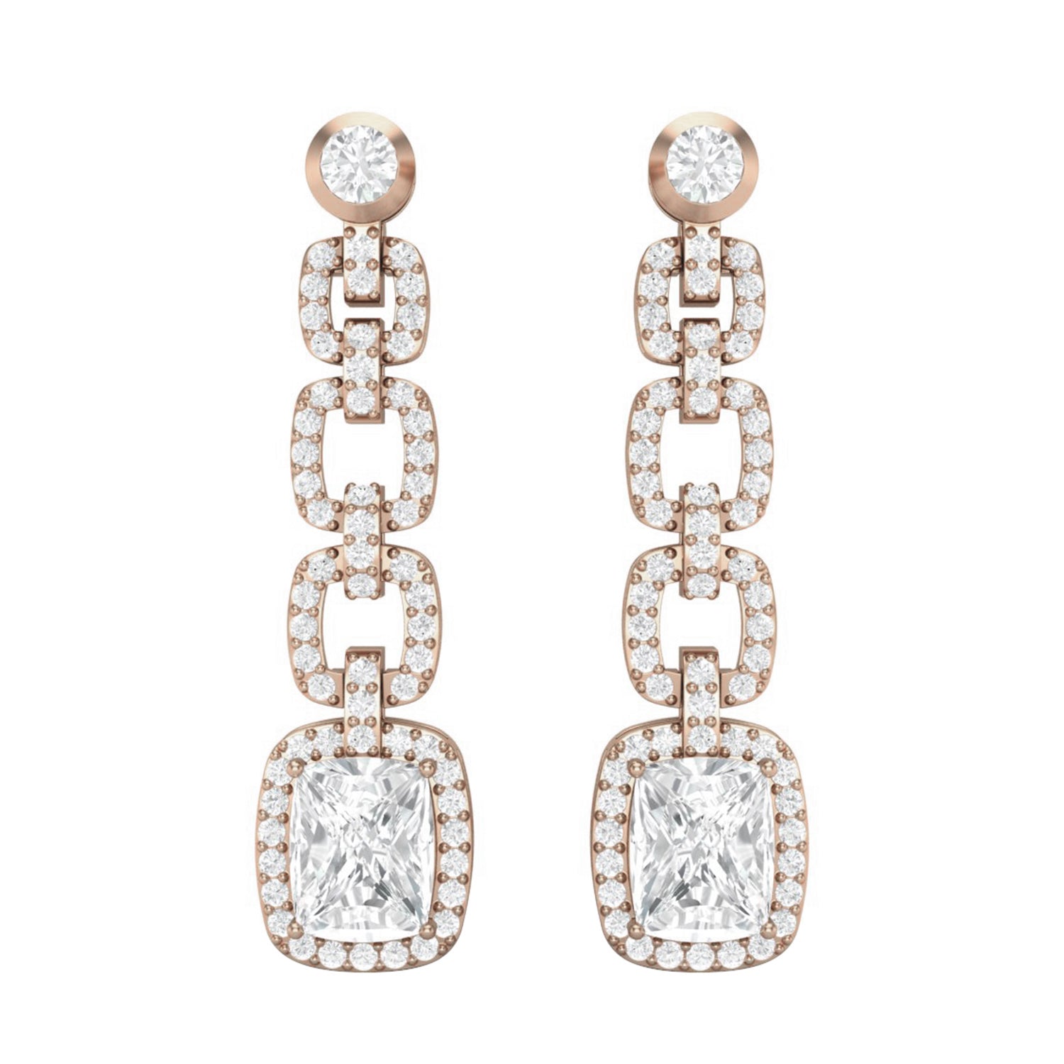 Moissanite Cushion Cut Link Halo Drop Earrings - Sterling Silver