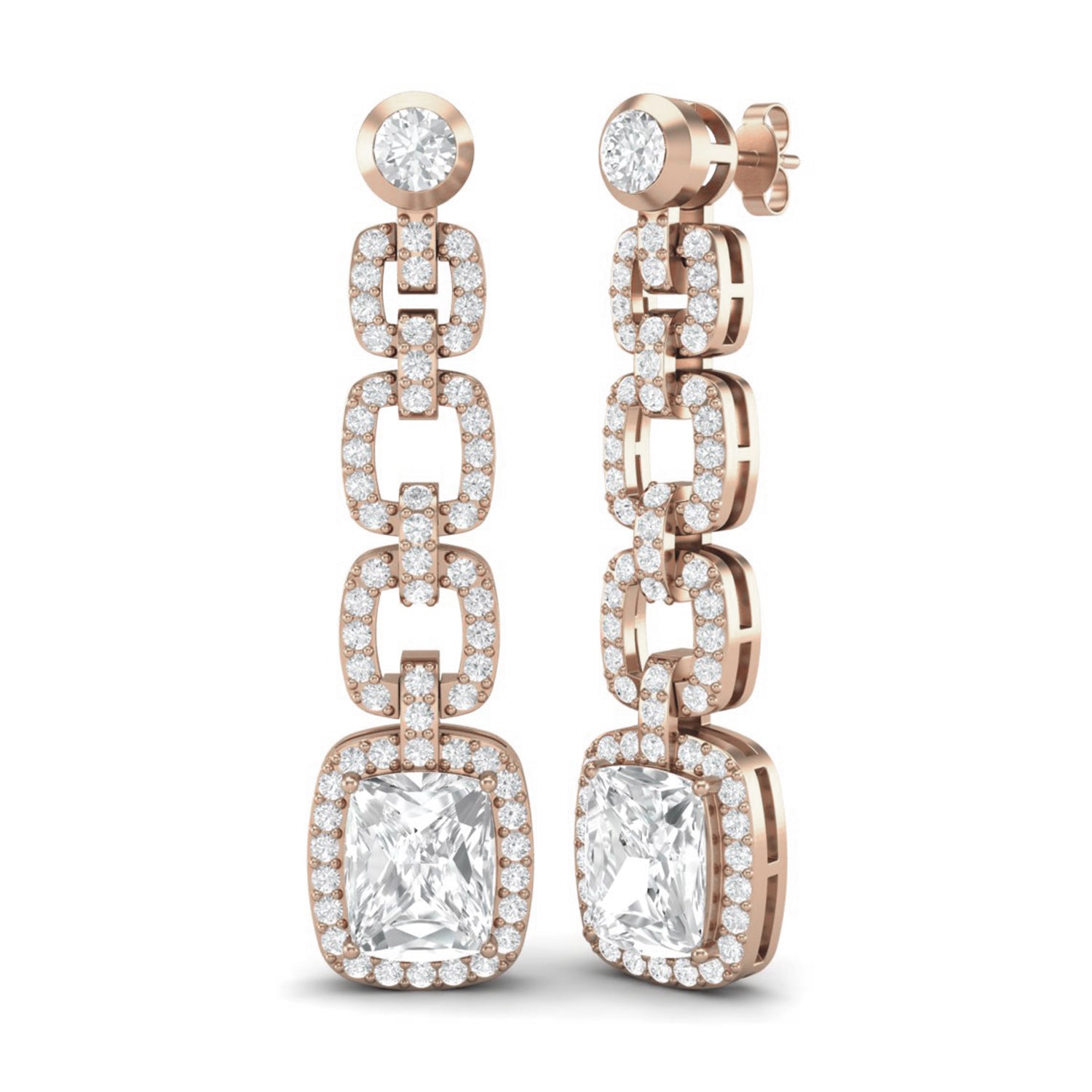 Moissanite Cushion Cut Link Halo Drop Earrings - Sterling Silver