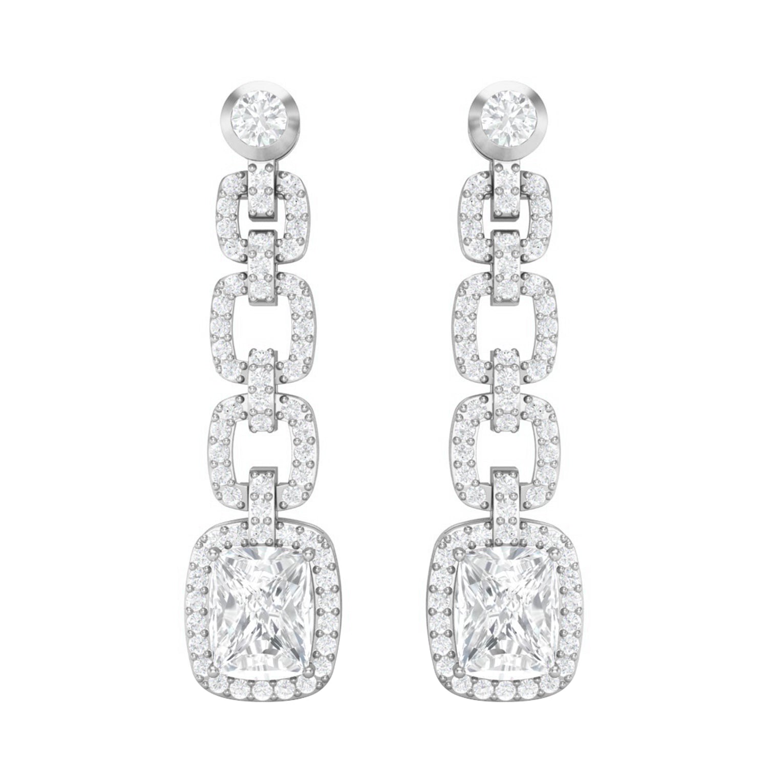 Moissanite Cushion Cut Link Halo Drop Earrings - Sterling Silver