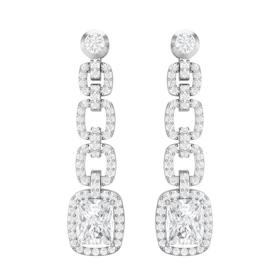Moissanite Cushion Cut Link Halo Drop Earrings - Sterling Silver