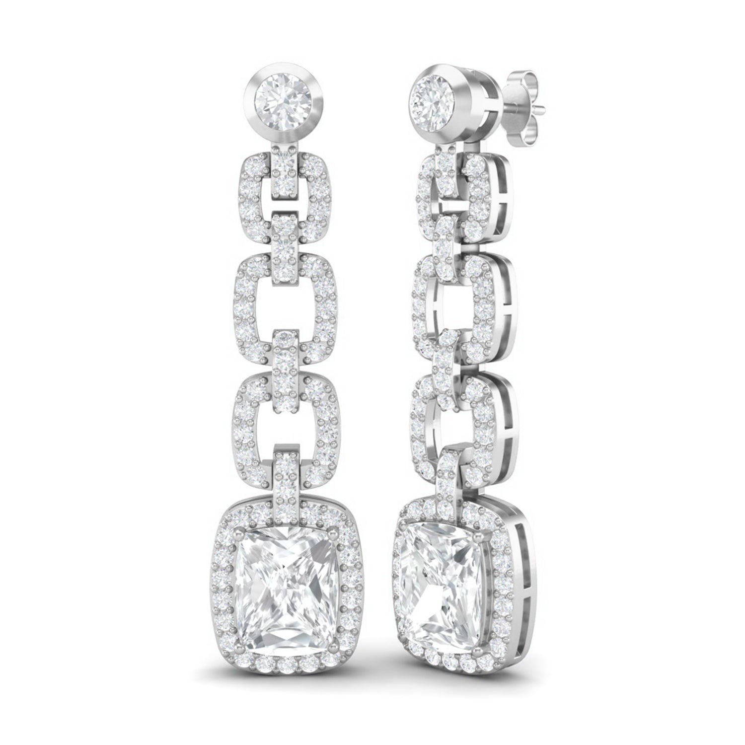 Moissanite Cushion Cut Link Halo Drop Earrings - Sterling Silver