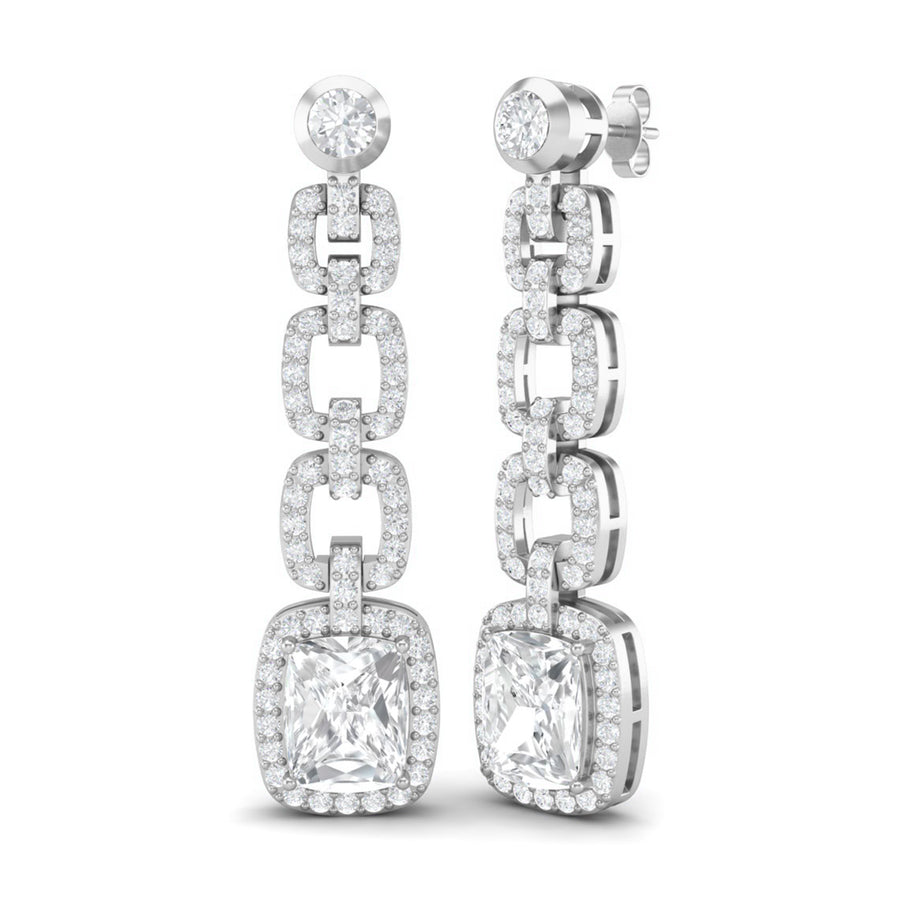 Moissanite Cushion Cut Link Halo Drop Earrings - Sterling Silver