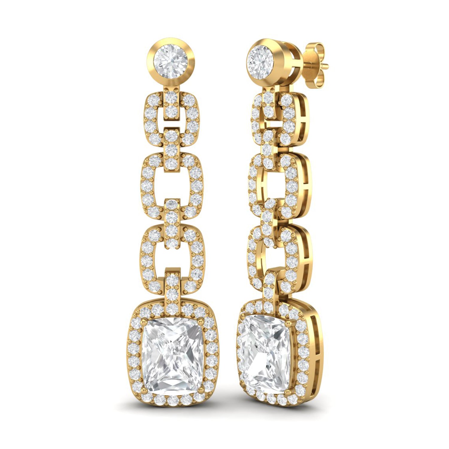 Moissanite Cushion Cut Link Halo Drop Earrings - Sterling Silver