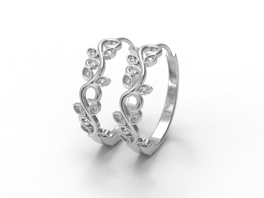 Moissanite Leaf Vine Scroll Hoop Earrings – Sterling Silver