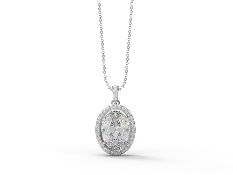 Moissanite Oval Shape Solitaire Halo Necklace - Sterling Silver