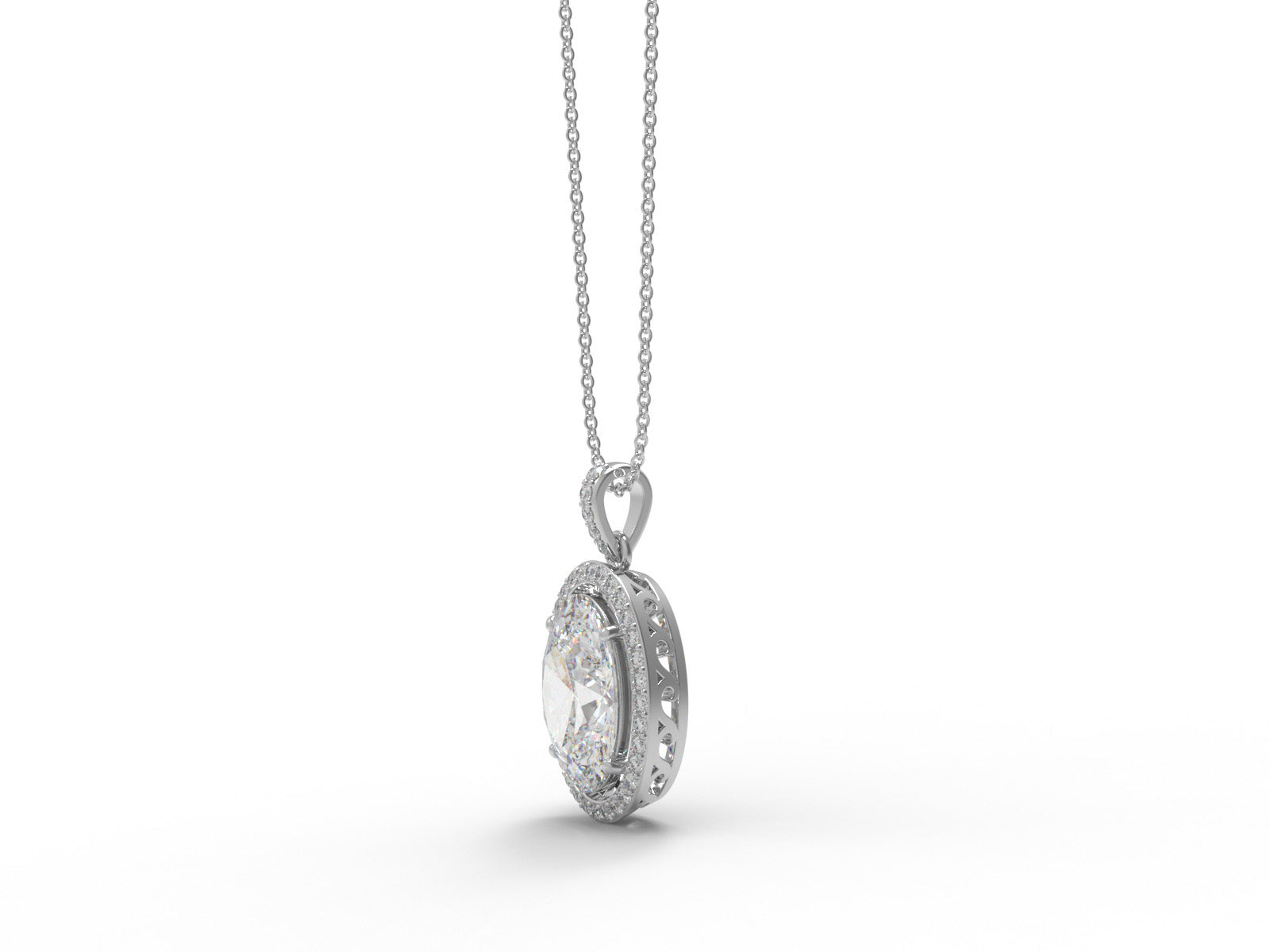 Moissanite Oval Shape Solitaire Halo Necklace - Sterling Silver