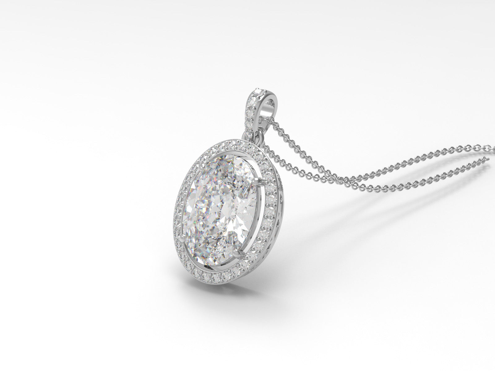 Moissanite Oval Shape Solitaire Halo Necklace - Sterling Silver