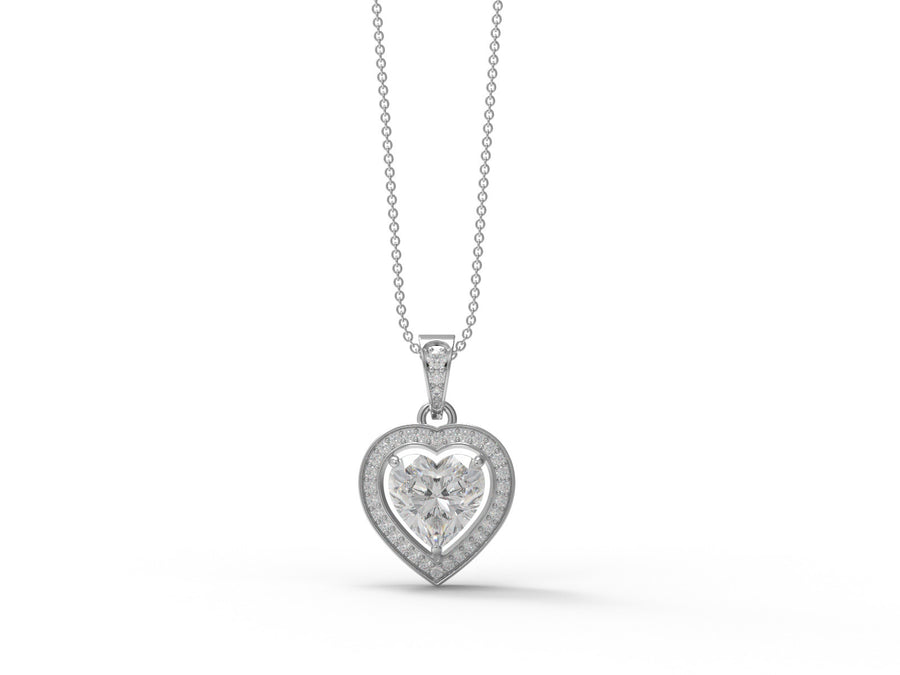 Moissanite Heart Solitaire Halo Necklace - Sterling Silver