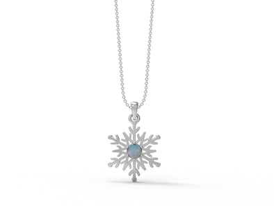 Round Opal 925 Sterling Silver Solitaire Snowflake Minimalist Christmas Necklace