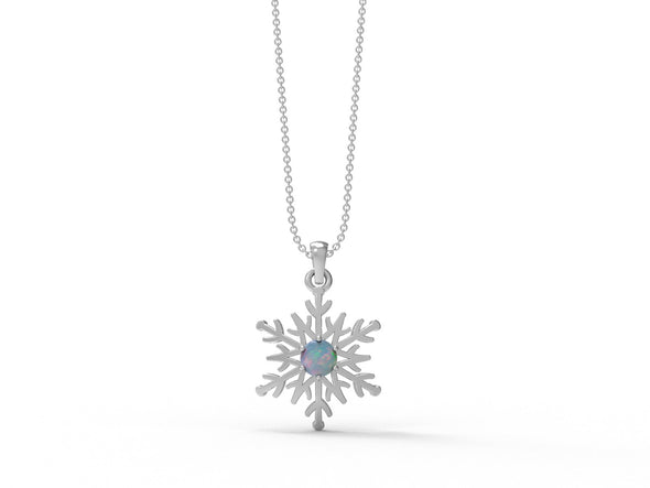 Round Opal 925 Sterling Silver Solitaire Snowflake Minimalist Christmas Necklace