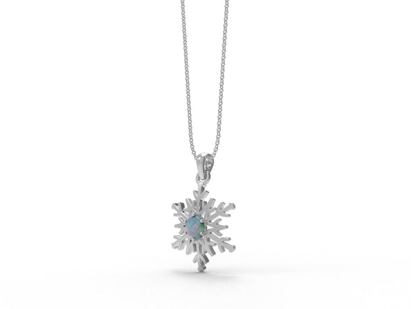 Round Opal 925 Sterling Silver Solitaire Snowflake Minimalist Christmas Necklace