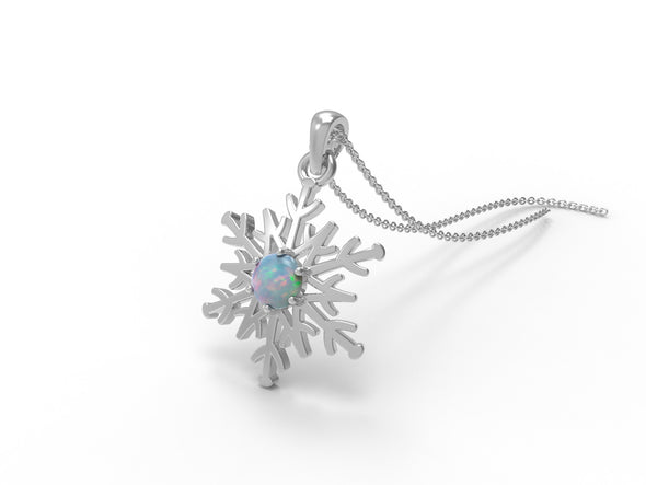 Round Opal 925 Sterling Silver Solitaire Snowflake Minimalist Christmas Necklace