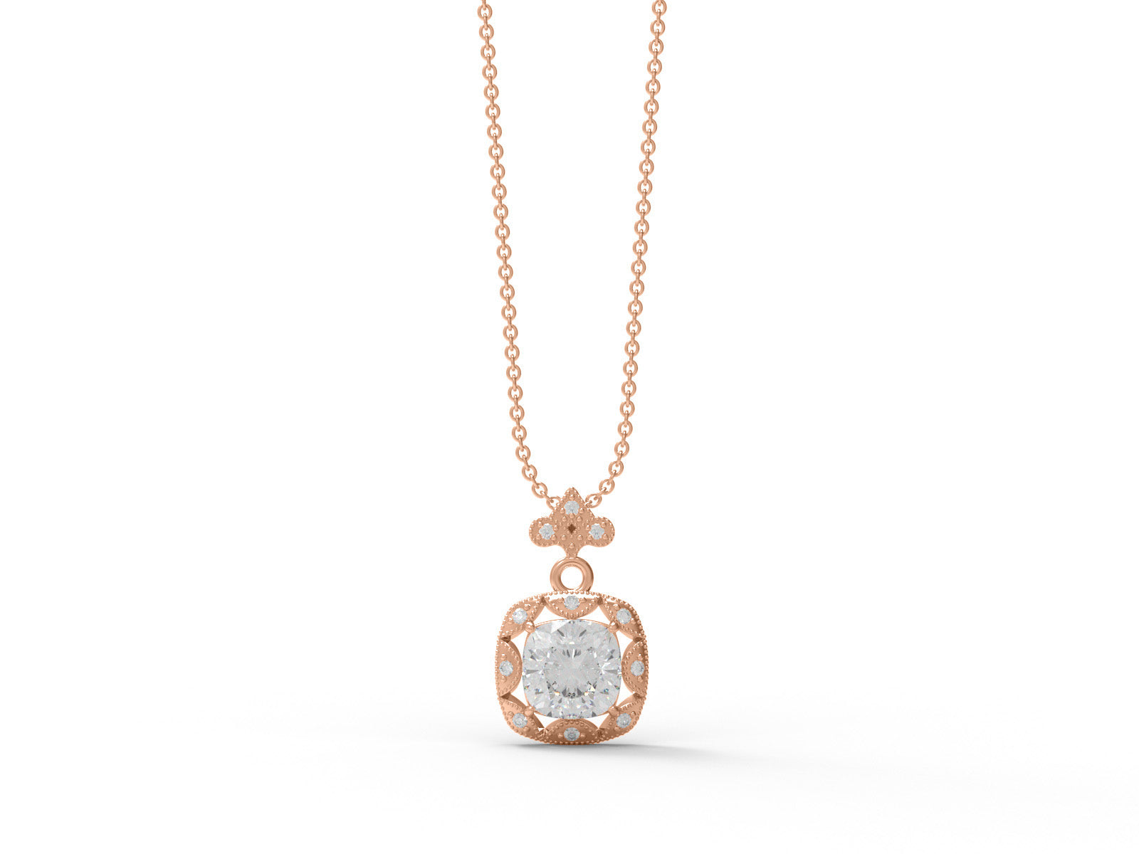 Moissanite Cushion Halo Vintage Inspired Necklace - Sterling Silver