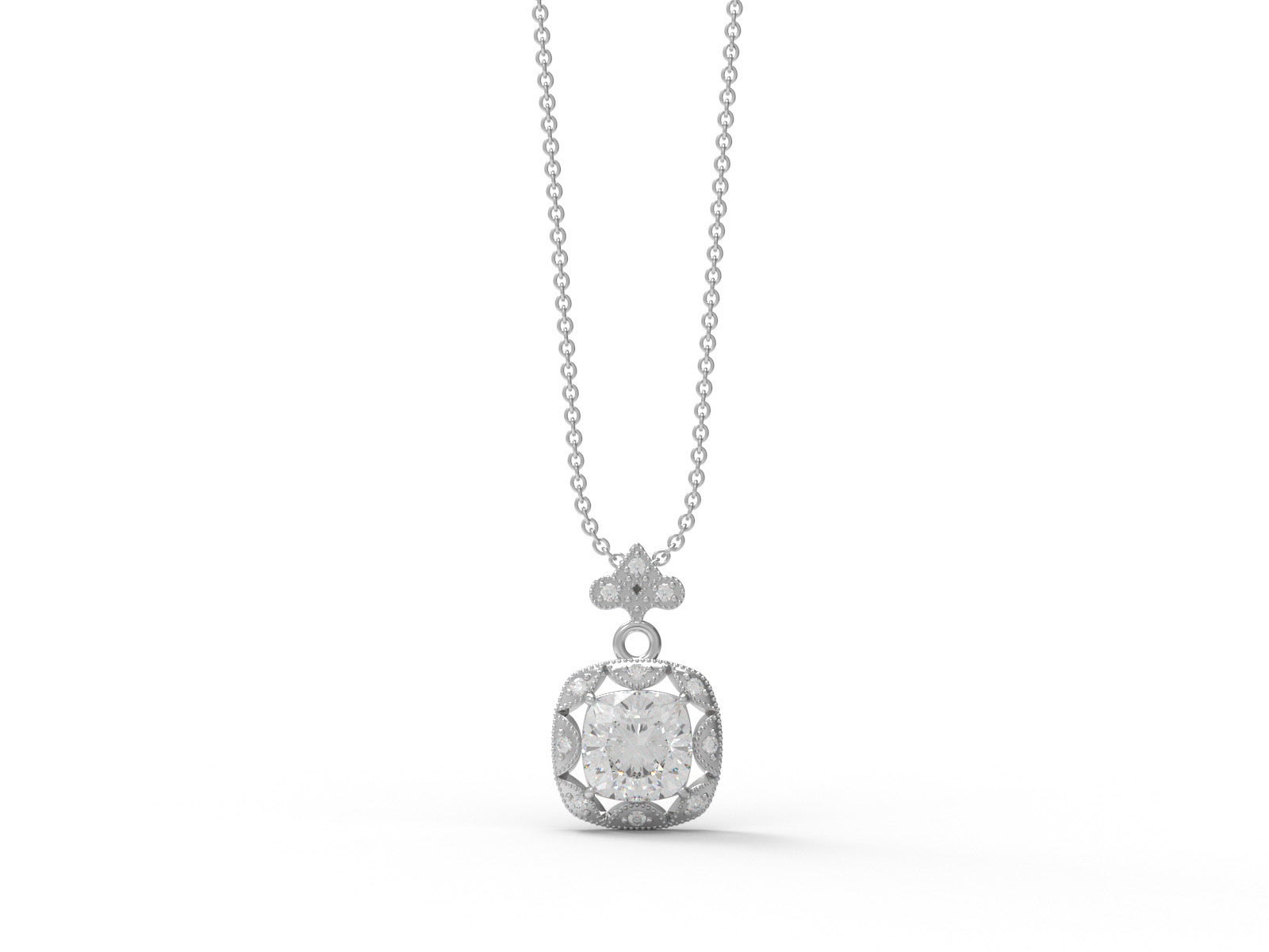 Moissanite Cushion Halo Vintage Inspired Necklace - Sterling Silver