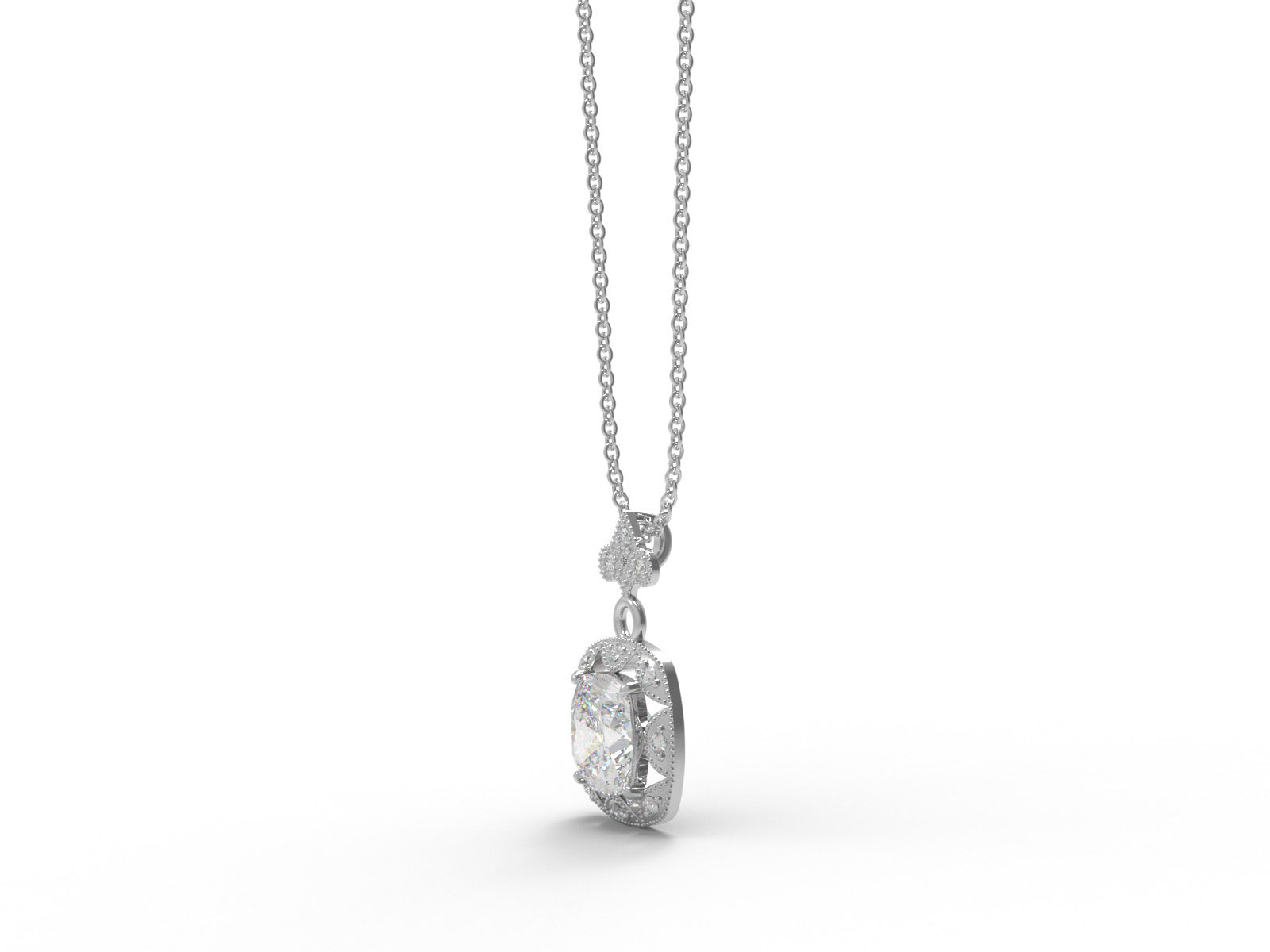 Moissanite Cushion Halo Vintage Inspired Necklace - Sterling Silver