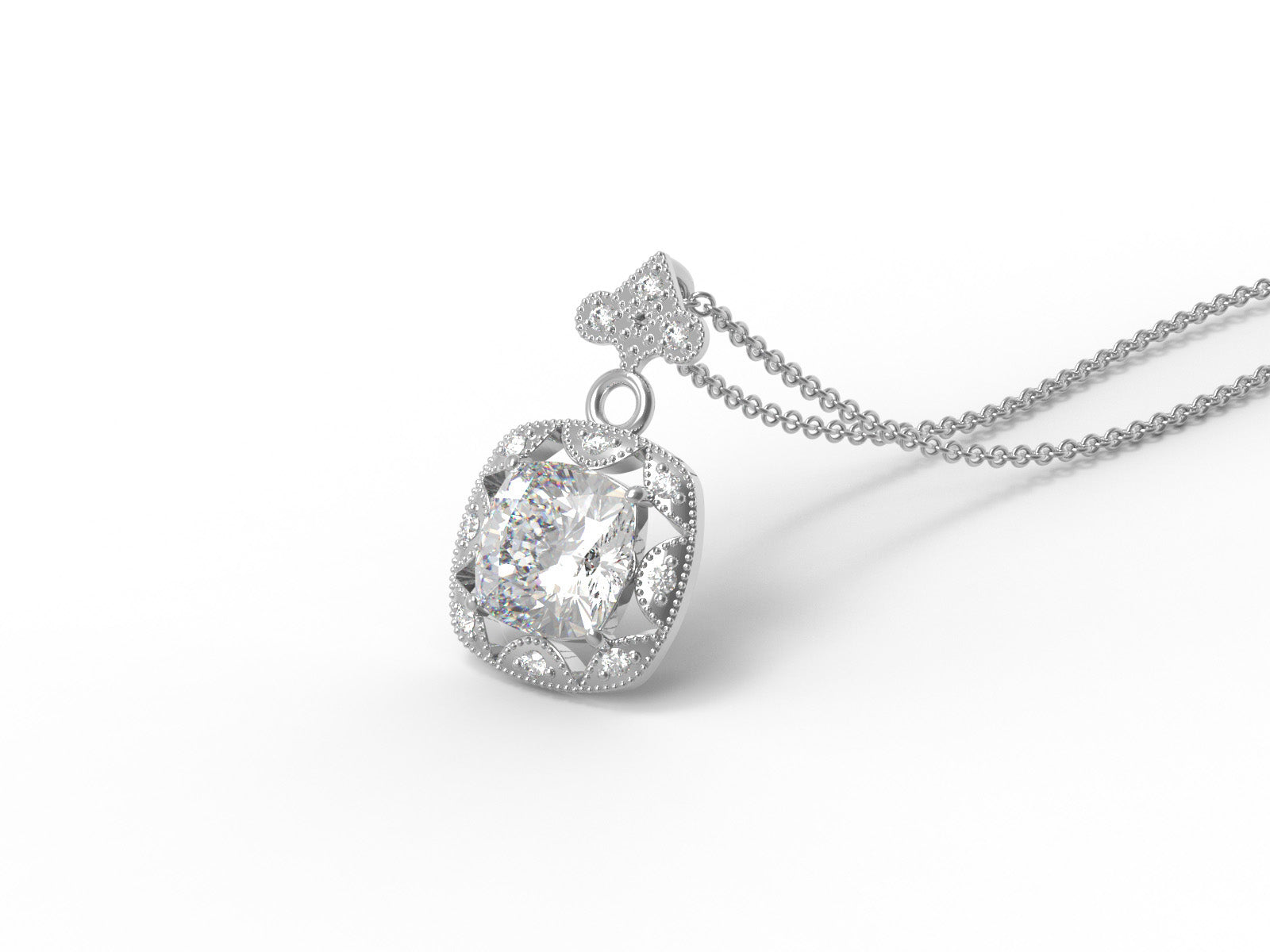 Moissanite Cushion Halo Vintage Inspired Necklace - Sterling Silver