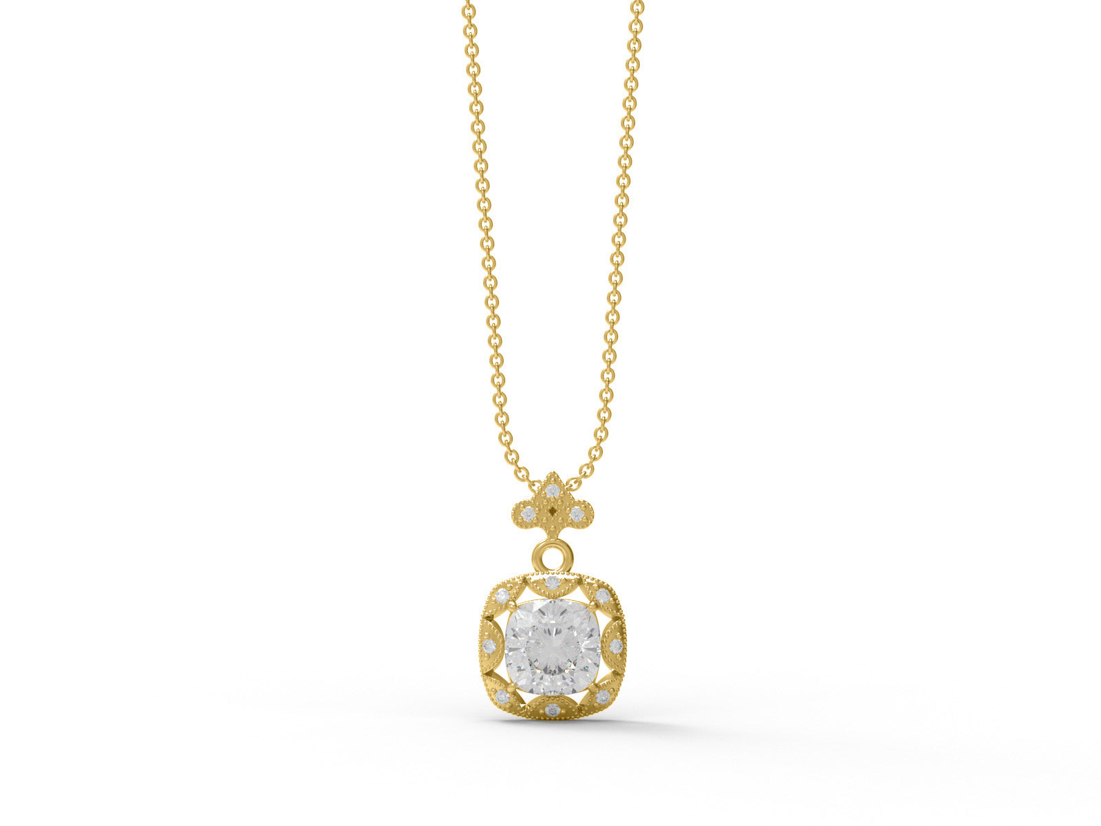 Moissanite Cushion Halo Vintage Inspired Necklace - Sterling Silver
