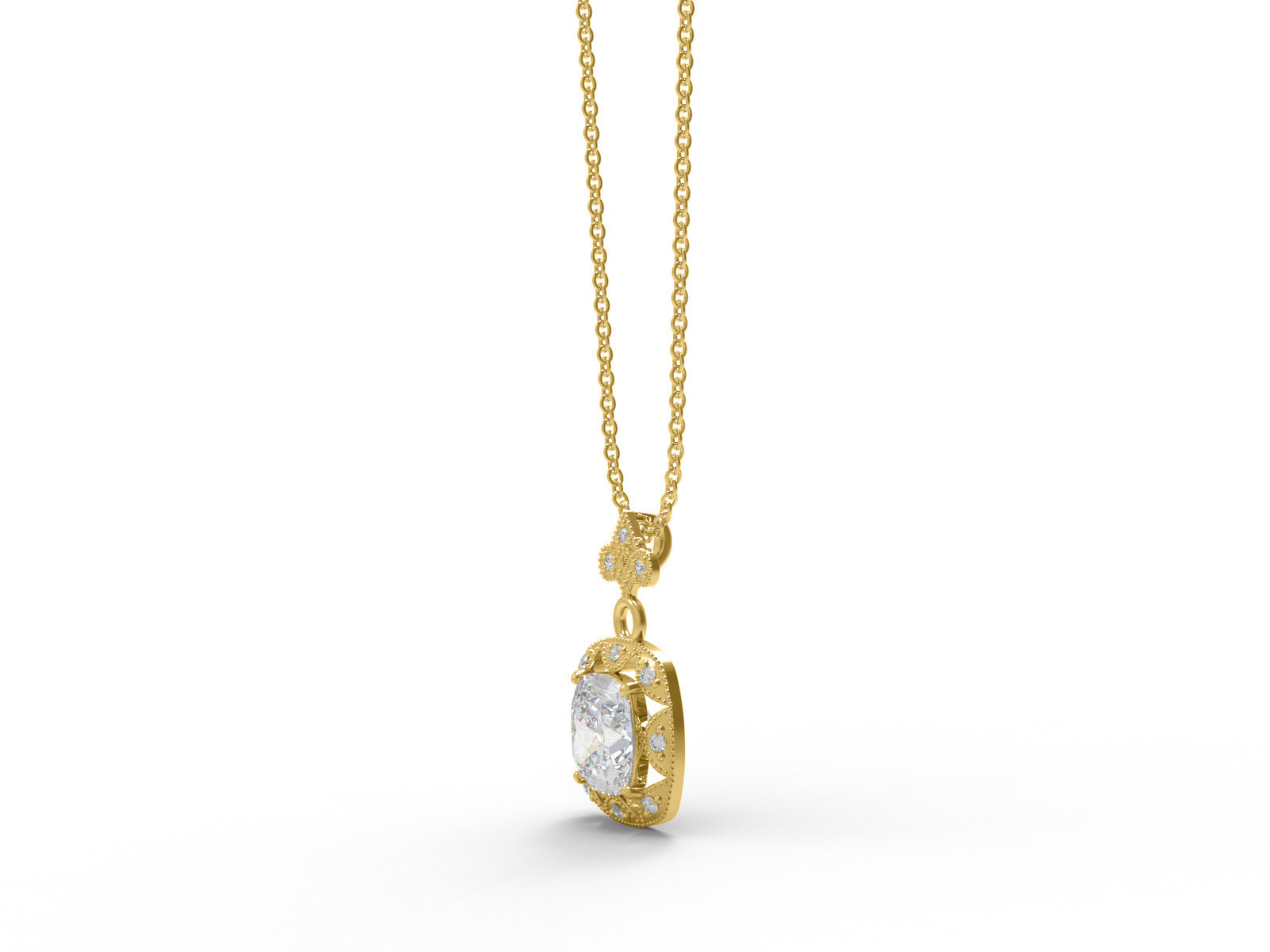 Moissanite Cushion Halo Vintage Inspired Necklace - Sterling Silver