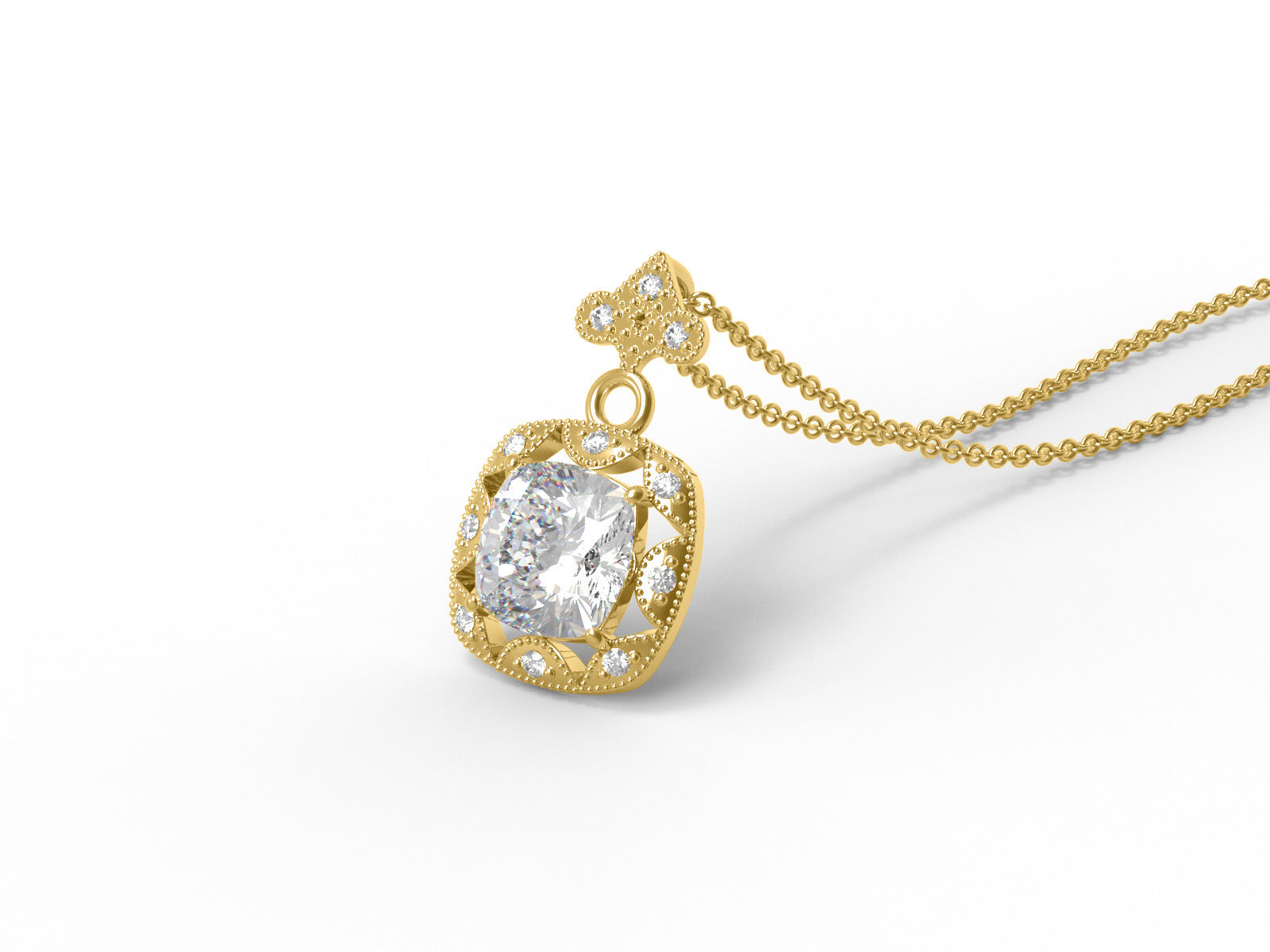 Moissanite Cushion Halo Vintage Inspired Necklace - Sterling Silver